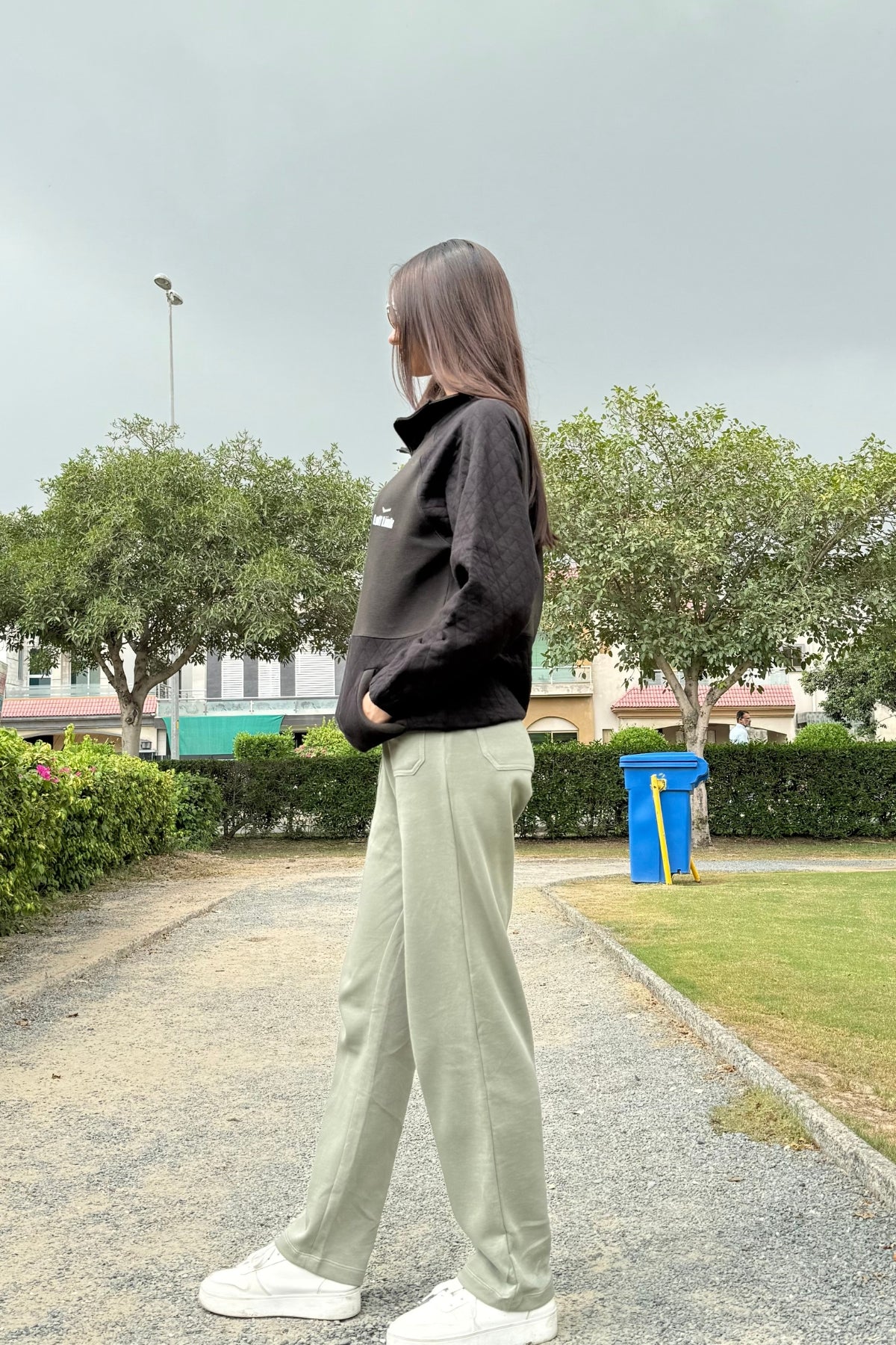 Half-Zipper and Black Panel Design & Green Color and Regular Fit Trouser