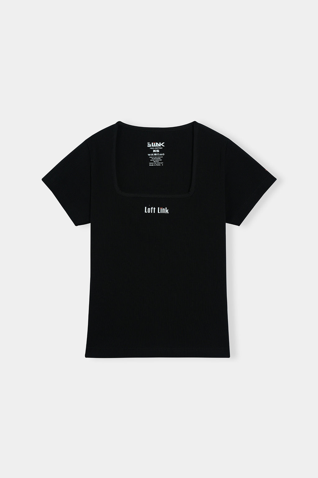 Women’s Black Square Neck Rib Tee – Loft Link Minimal Logo Design