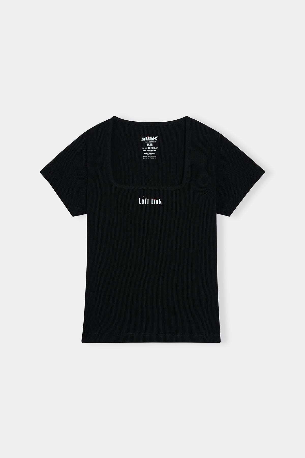 Women’s Black Square Neck Rib Tee – Loft Link Minimal Logo Design