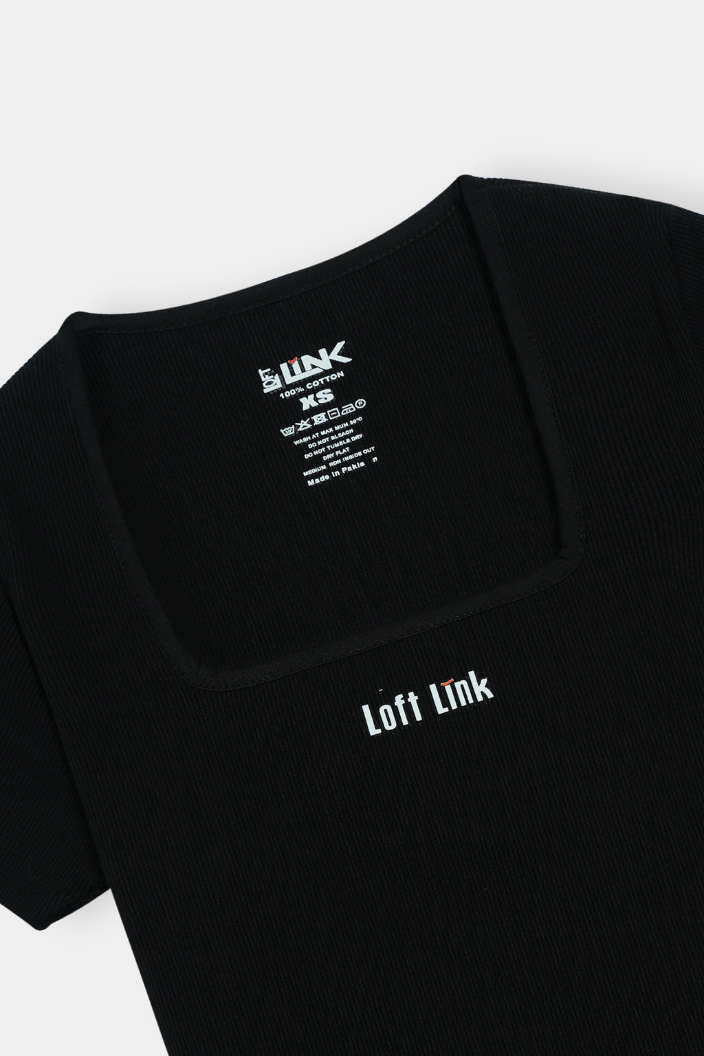 Women’s Black Square Neck Rib Tee – Loft Link Minimal Logo Design