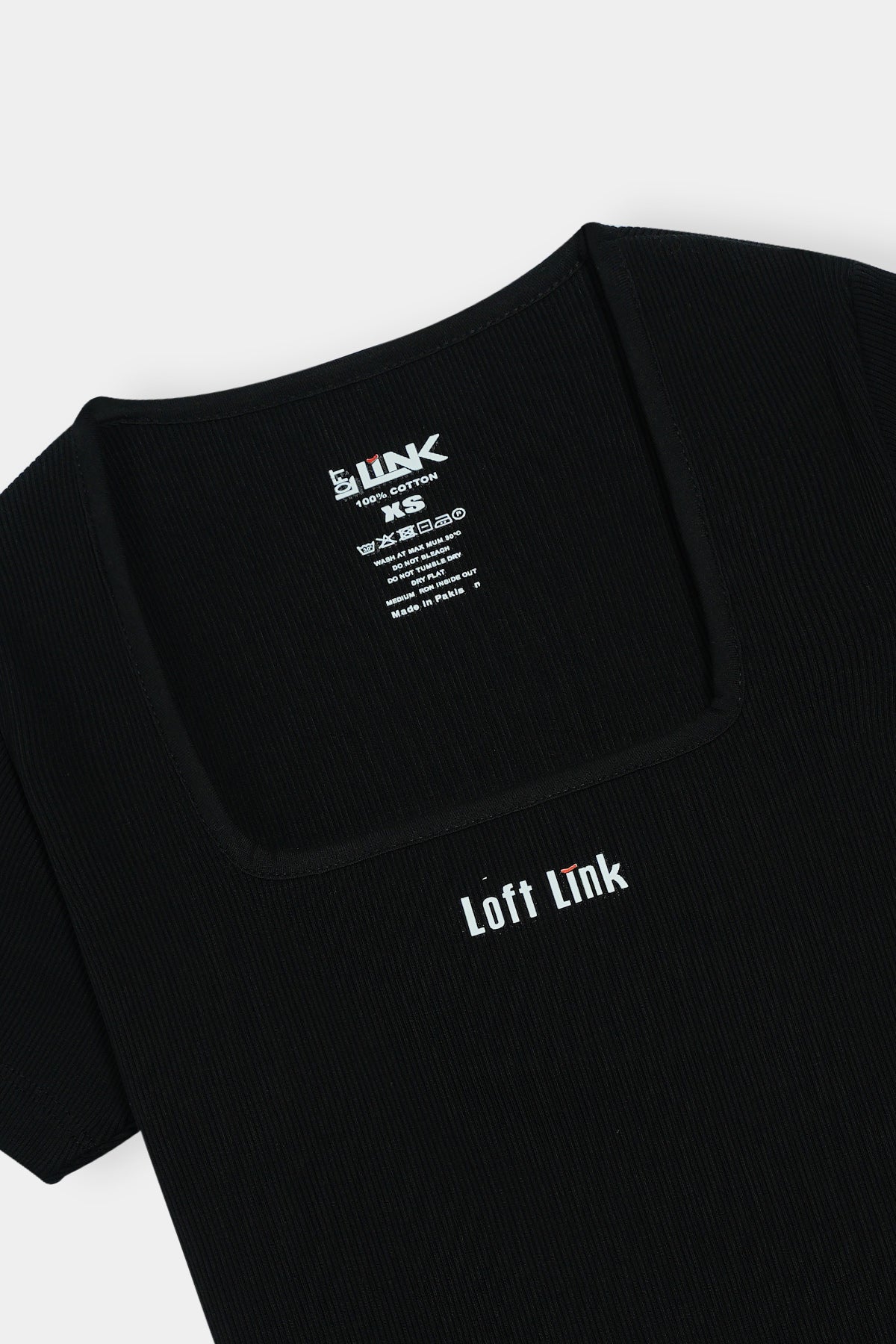 Women’s Black Square Neck Rib Tee – Loft Link Minimal Logo Design