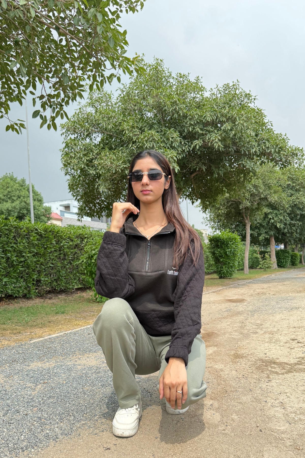 Half-Zipper and Black Panel Design & Green Color and Regular Fit Trouser