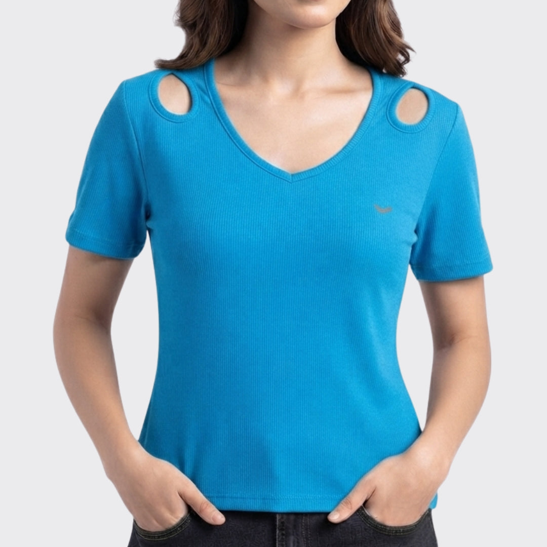 Blue Ribbed V Neck Crop Top 220 GSM