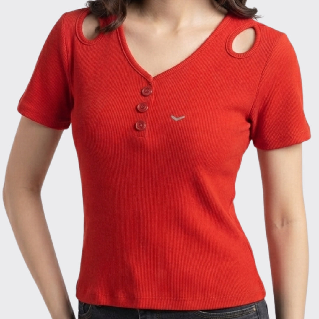 Rust Ribbed V Neck Button Crop Top 220 GSM