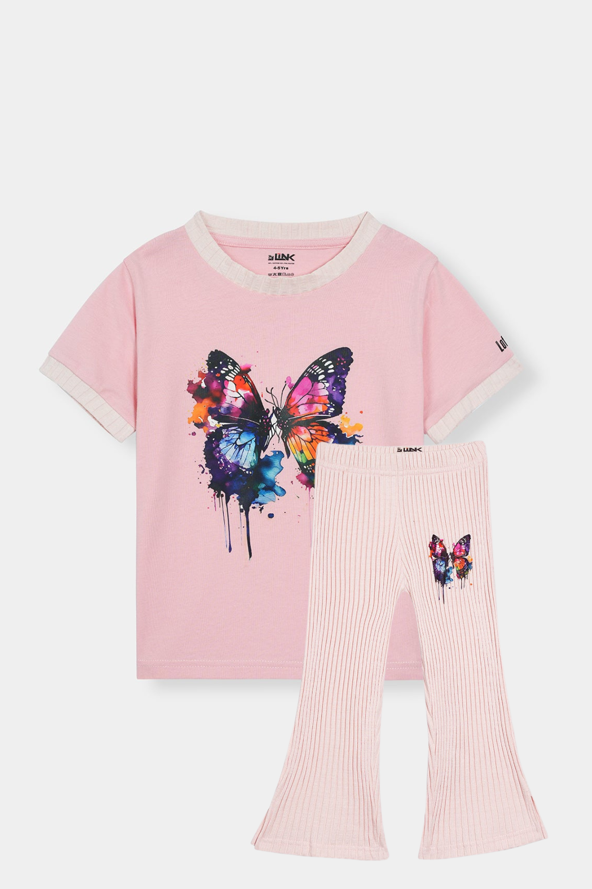 Butterfly Bloom: Girls’ Pink Tee & Flared Pants