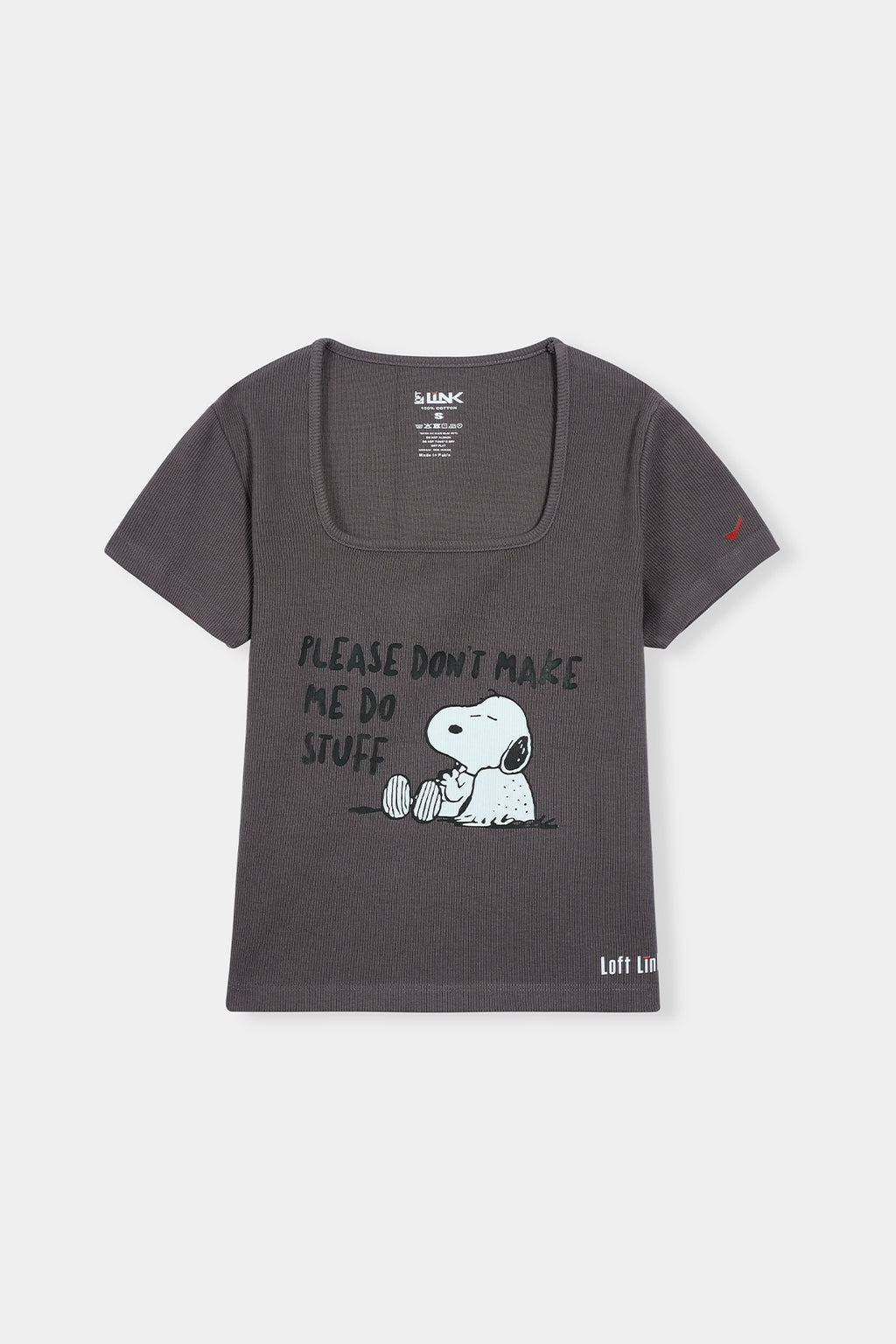 Women’s Charcoal Square Neck Tee – Snoopy "Please Don’t Make Me Do Stuff" Print