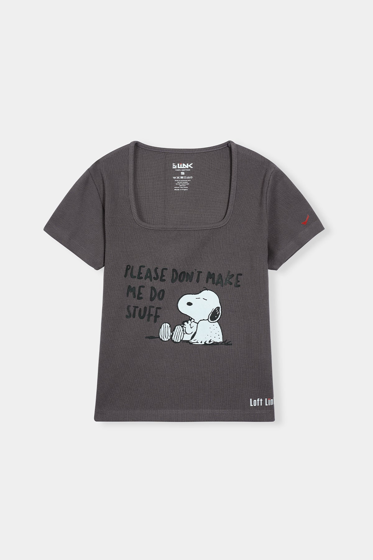 Women’s Charcoal Square Neck Tee – Snoopy "Please Don’t Make Me Do Stuff" Print