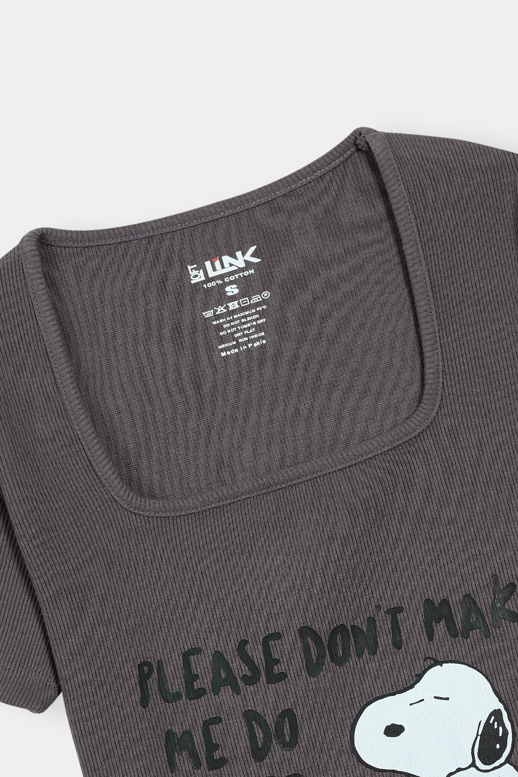 Women’s Charcoal Square Neck Tee – Snoopy "Please Don’t Make Me Do Stuff" Print