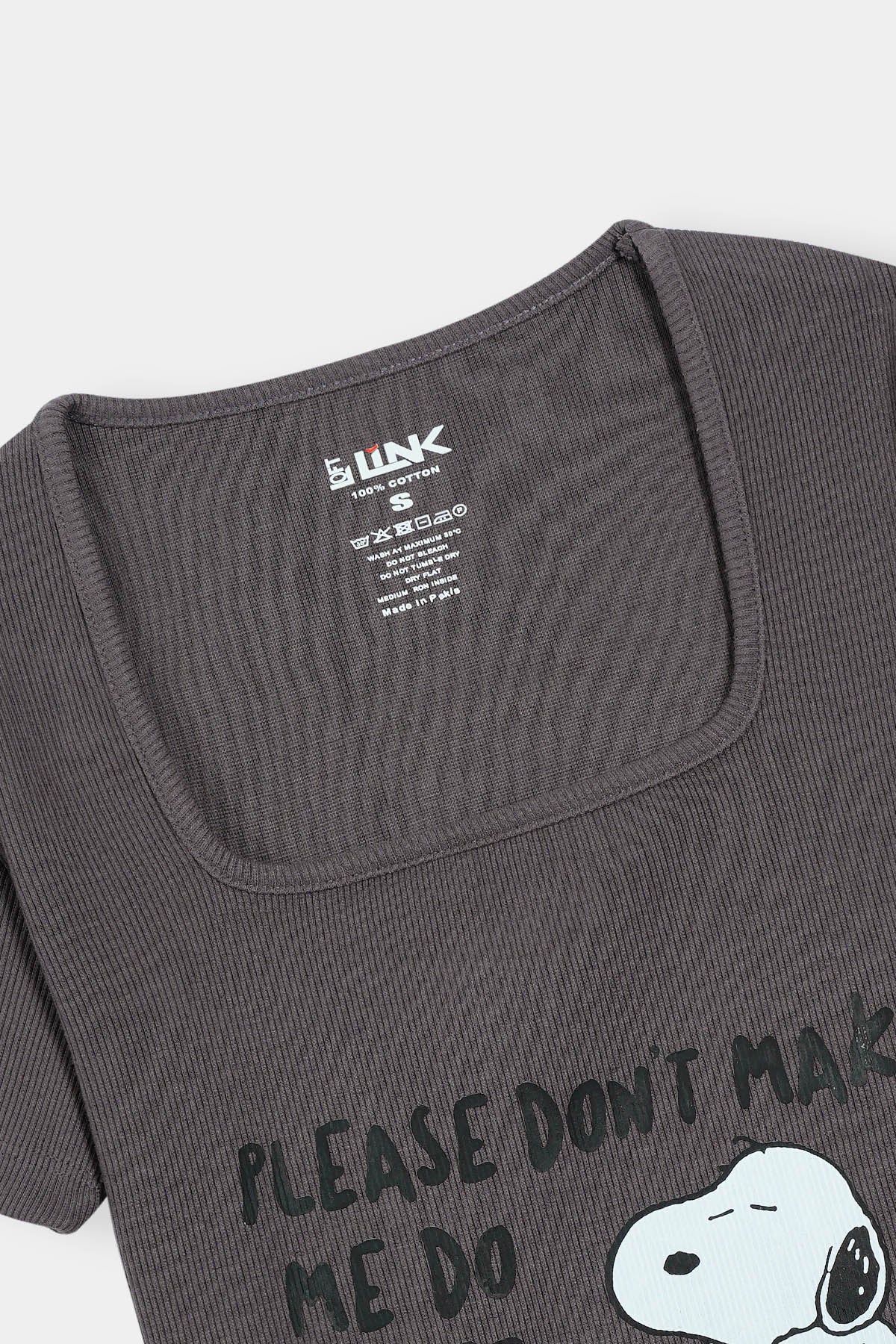 Women’s Charcoal Square Neck Tee – Snoopy "Please Don’t Make Me Do Stuff" Print