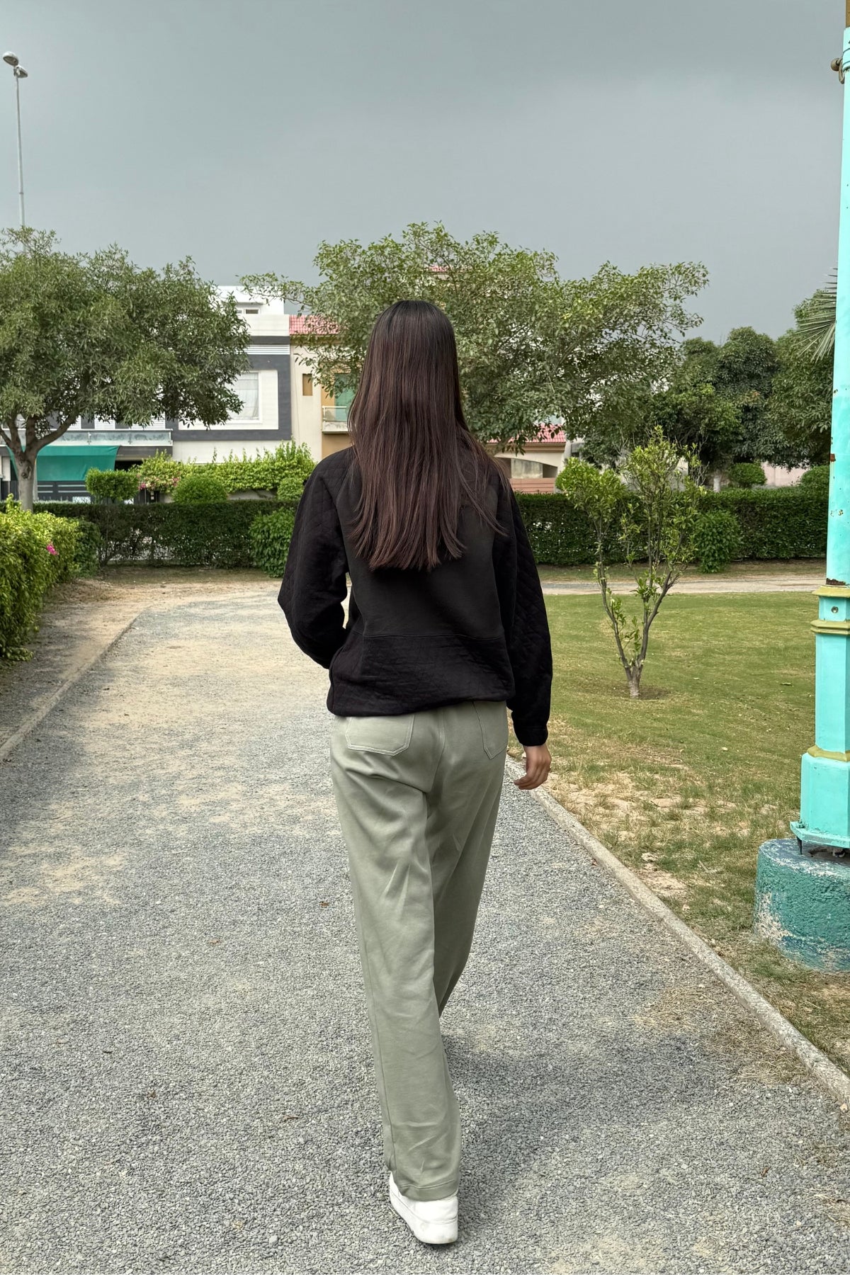 Half-Zipper and Black Panel Design & Green Color and Regular Fit Trouser