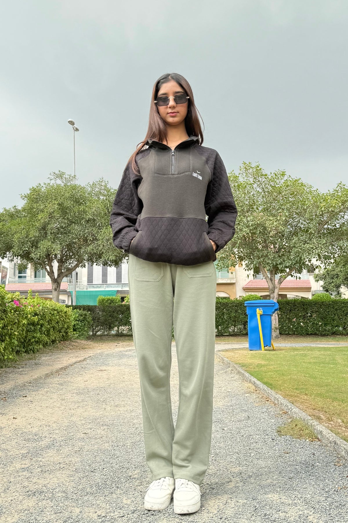 Half-Zipper and Black Panel Design & Green Color and Regular Fit Trouser