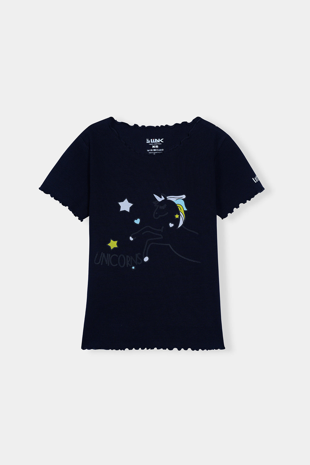 Women' Navy Frill Neck Tee – Magical Unicorn & Stars Print