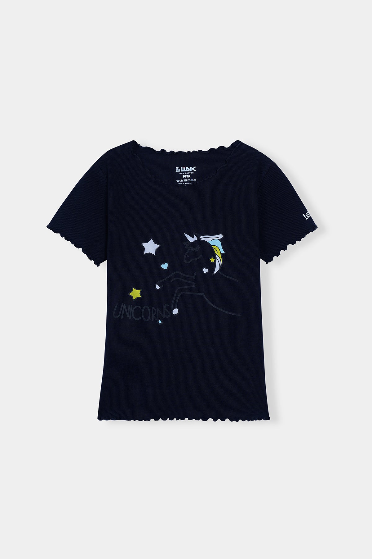 Women' Navy Frill Neck Tee – Magical Unicorn & Stars Print