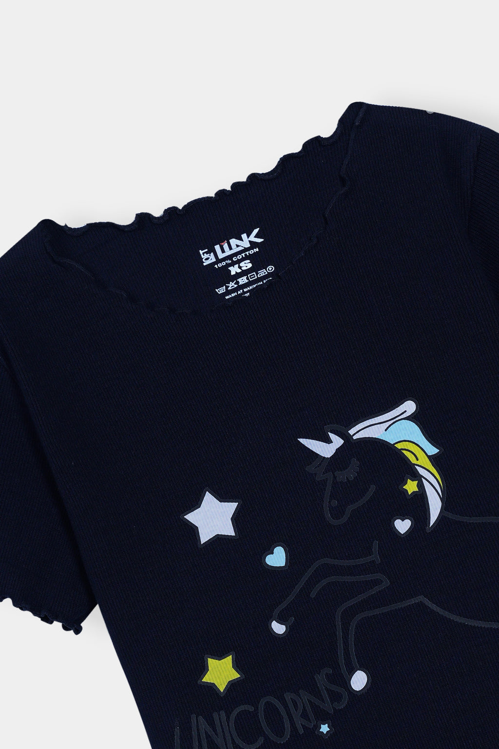 Women' Navy Frill Neck Tee – Magical Unicorn & Stars Print