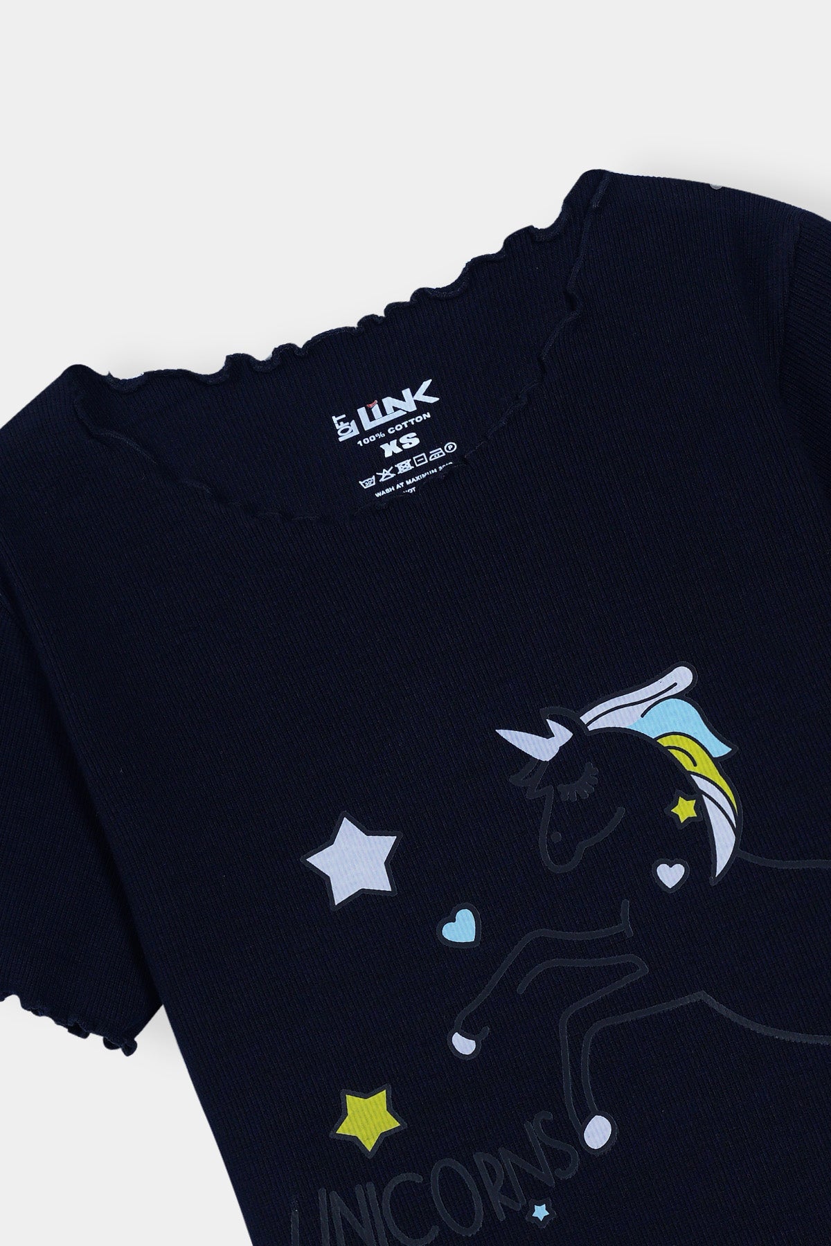 Women' Navy Frill Neck Tee – Magical Unicorn & Stars Print