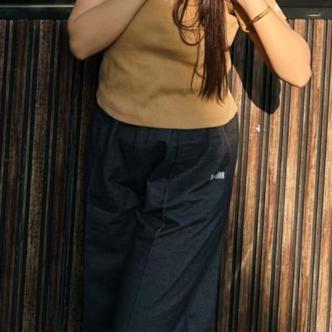 Short Sleeve Dark Olive Khaki Regular Square Neck Next Generation Print / Charcoal Black Denim Stretch Wide Leg Trouser