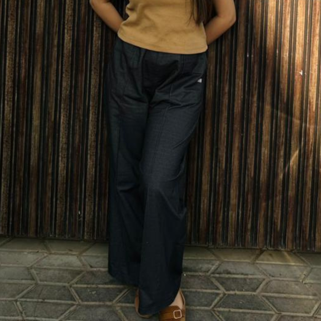 Short Sleeve Dark Olive Khaki Regular Square Neck Next Generation Print / Charcoal Black Denim Stretch Wide Leg Trouser