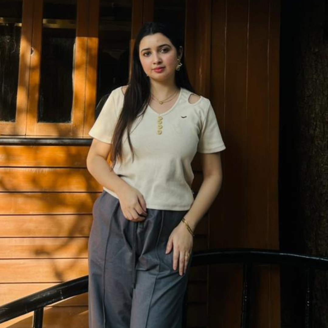 Short Sleeve Cream Color Buttoned V Neck With Shoulder Cut / Charcoal Black Denim Stretch Wide Leg Trouser