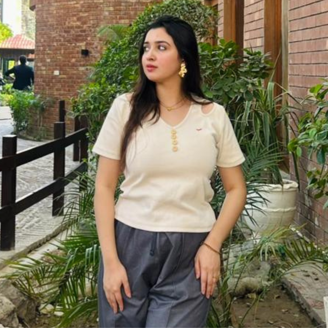 Short Sleeve Cream Color Buttoned V Neck With Shoulder Cut / Charcoal Black Denim Stretch Wide Leg Trouser