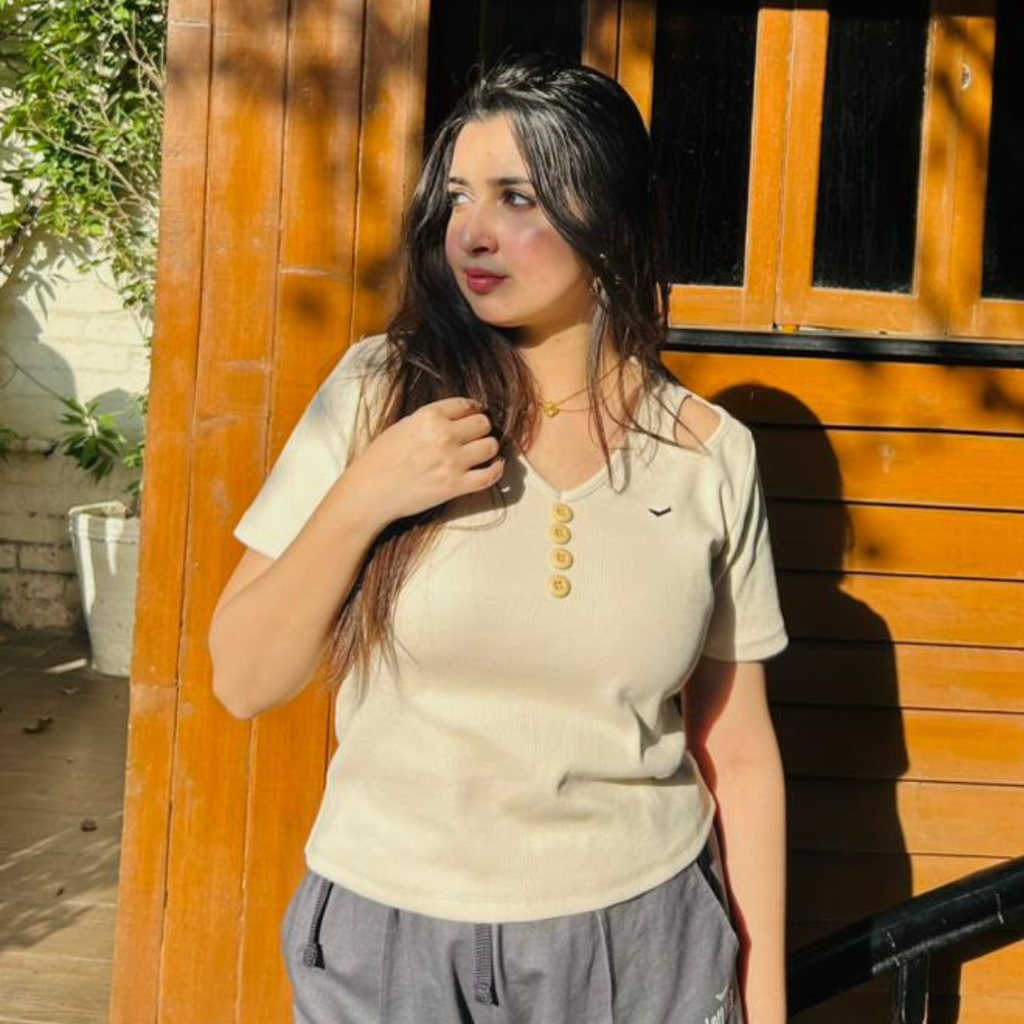 Short Sleeve Cream Color Buttoned V Neck With Shoulder Cut / Charcoal Black Denim Stretch Wide Leg Trouser