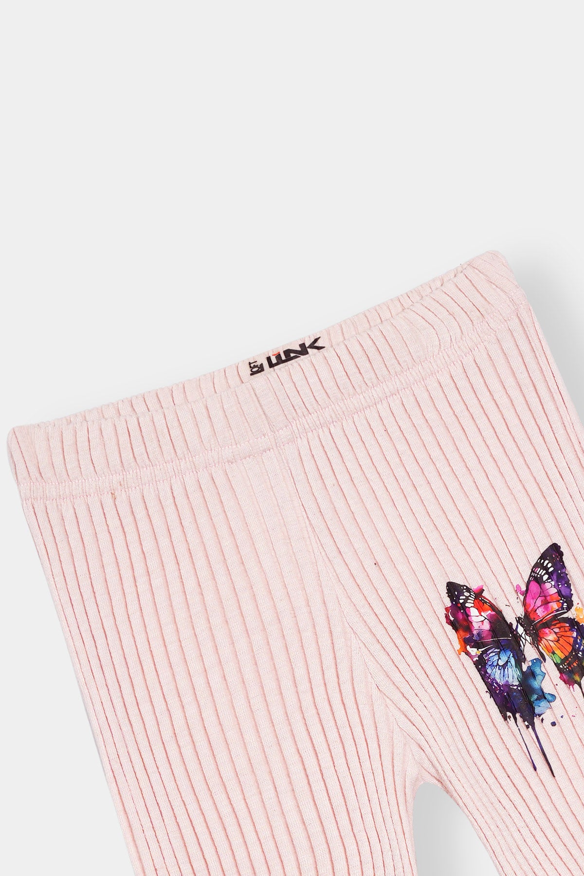 Girls' Ribbed Flared Pants – Light Pink with Color Splash Butterfly Print