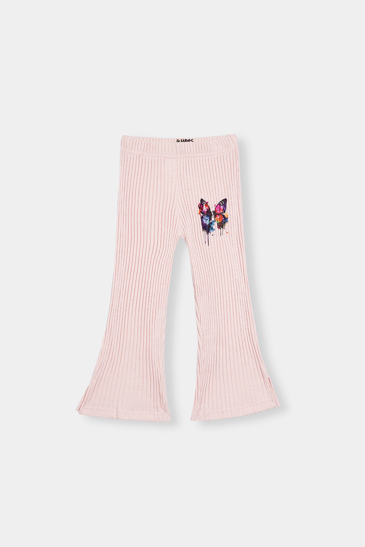 Girls' Ribbed Flared Pants – Light Pink with Color Splash Butterfly Print