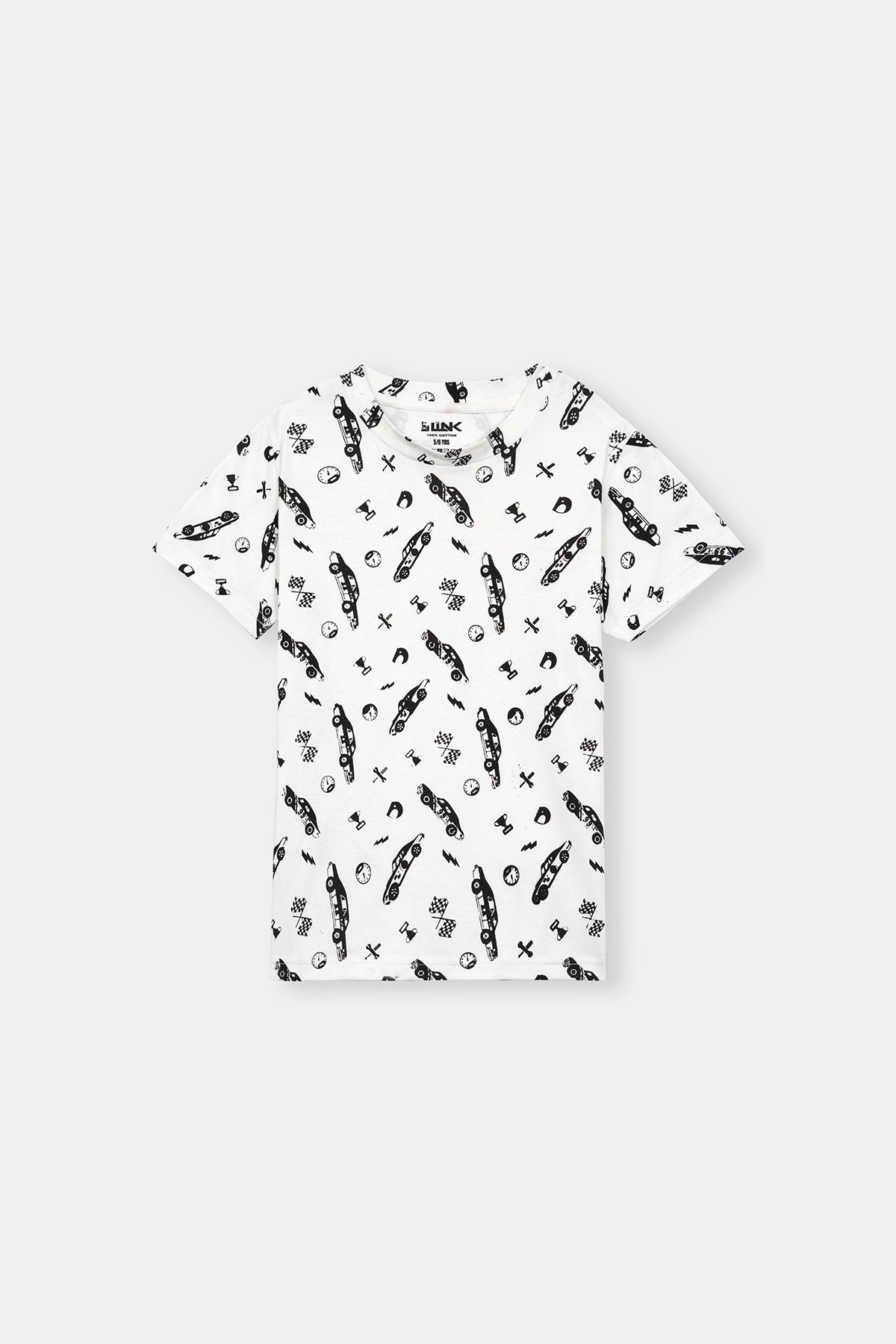 Unisex' White Racing Icons Tee – Black Allover Speed Print