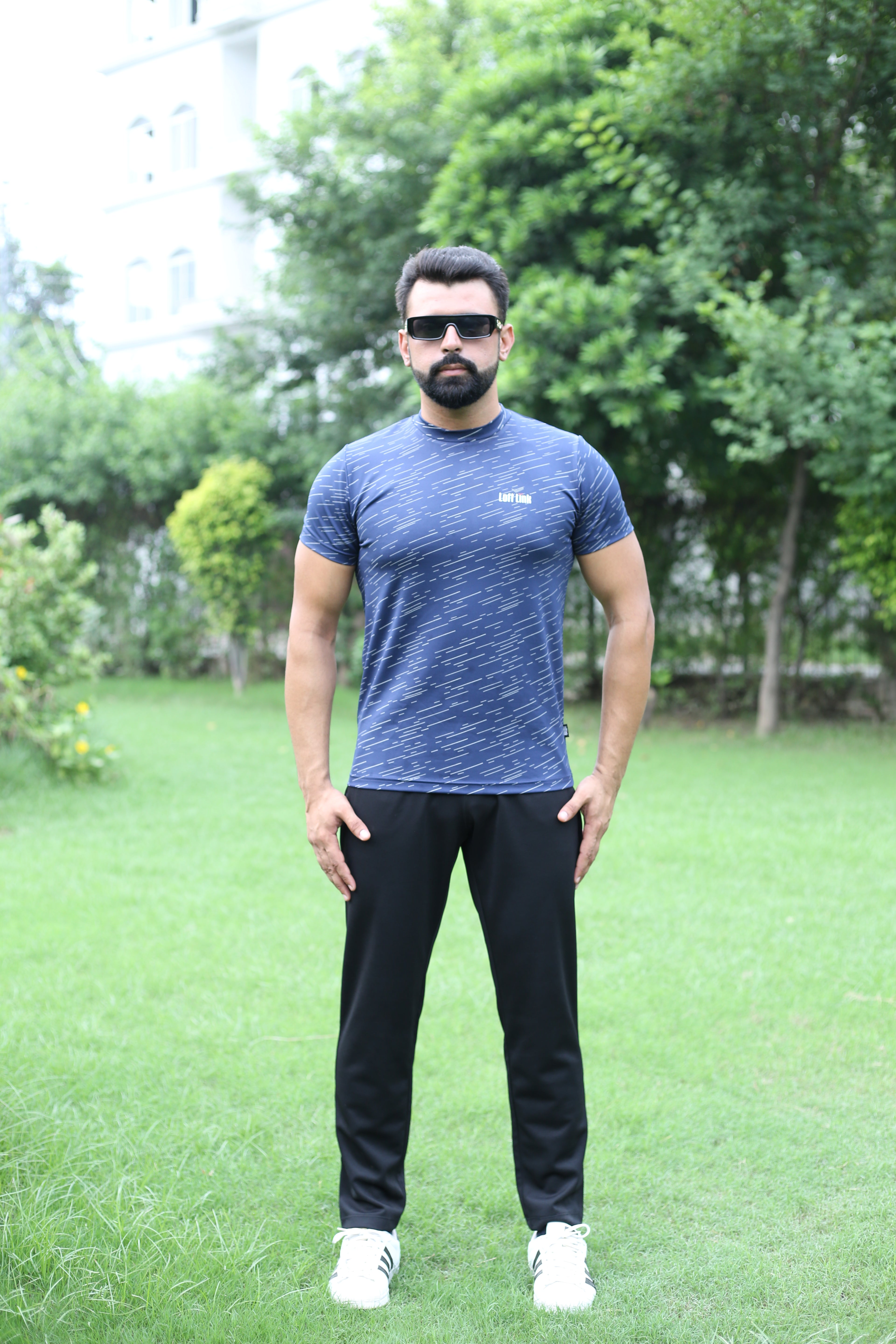 Men’s Navy Blue Performance T-Shirt – Sleek Striped Print-Reflectable