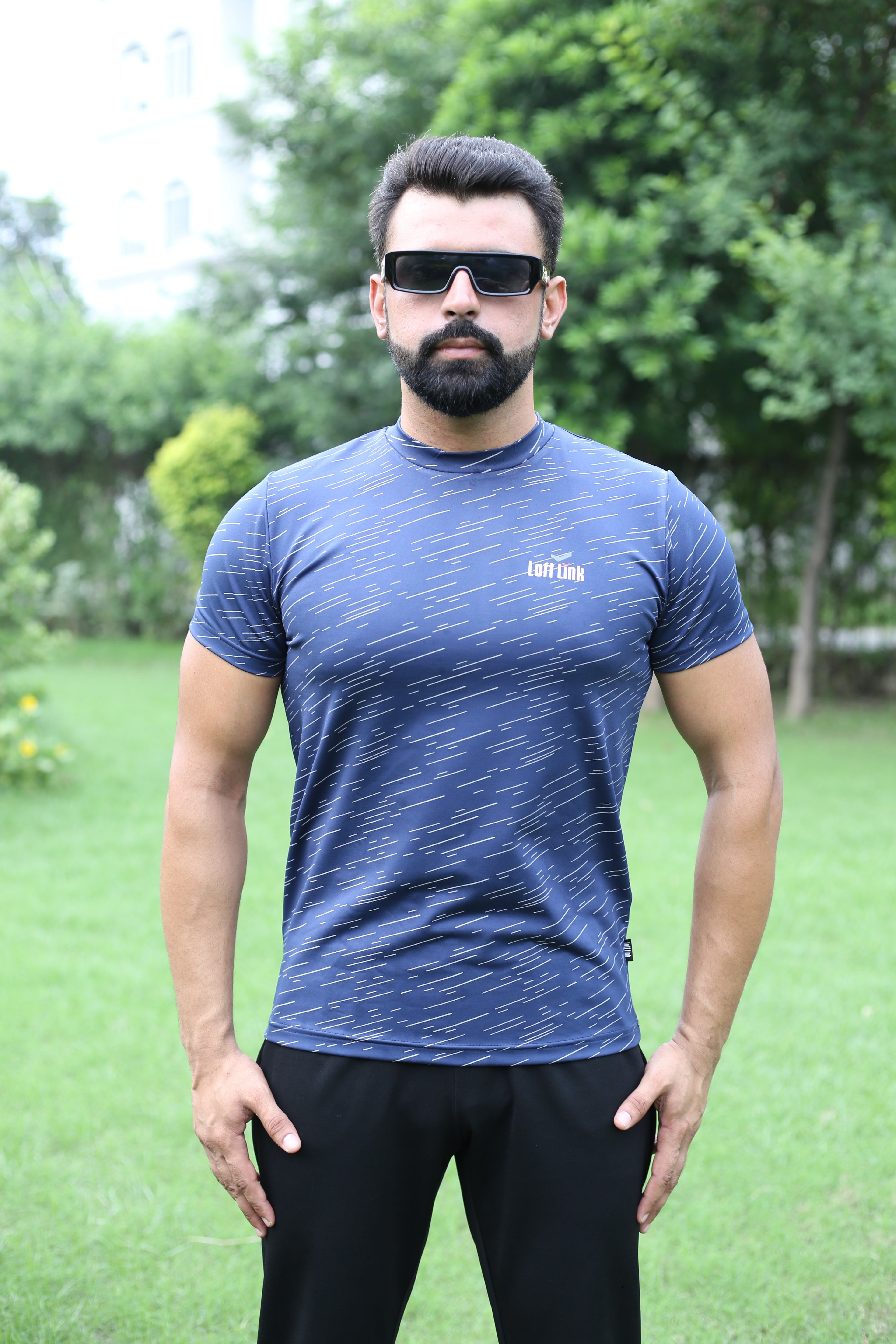 Men’s Navy Blue Performance T-Shirt – Sleek Striped Print-Reflectable