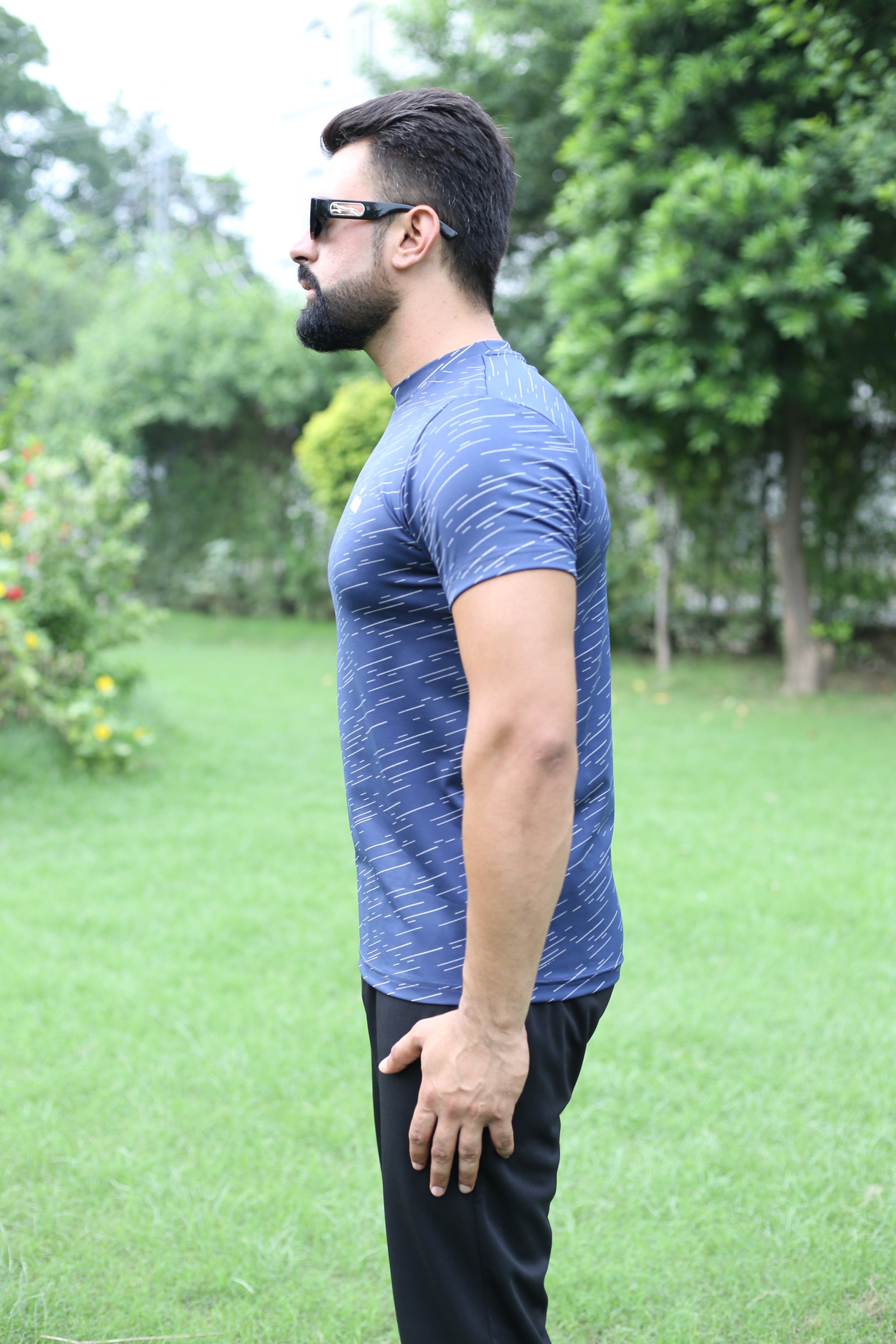 Men’s Navy Blue Performance T-Shirt – Sleek Striped Print-Reflectable