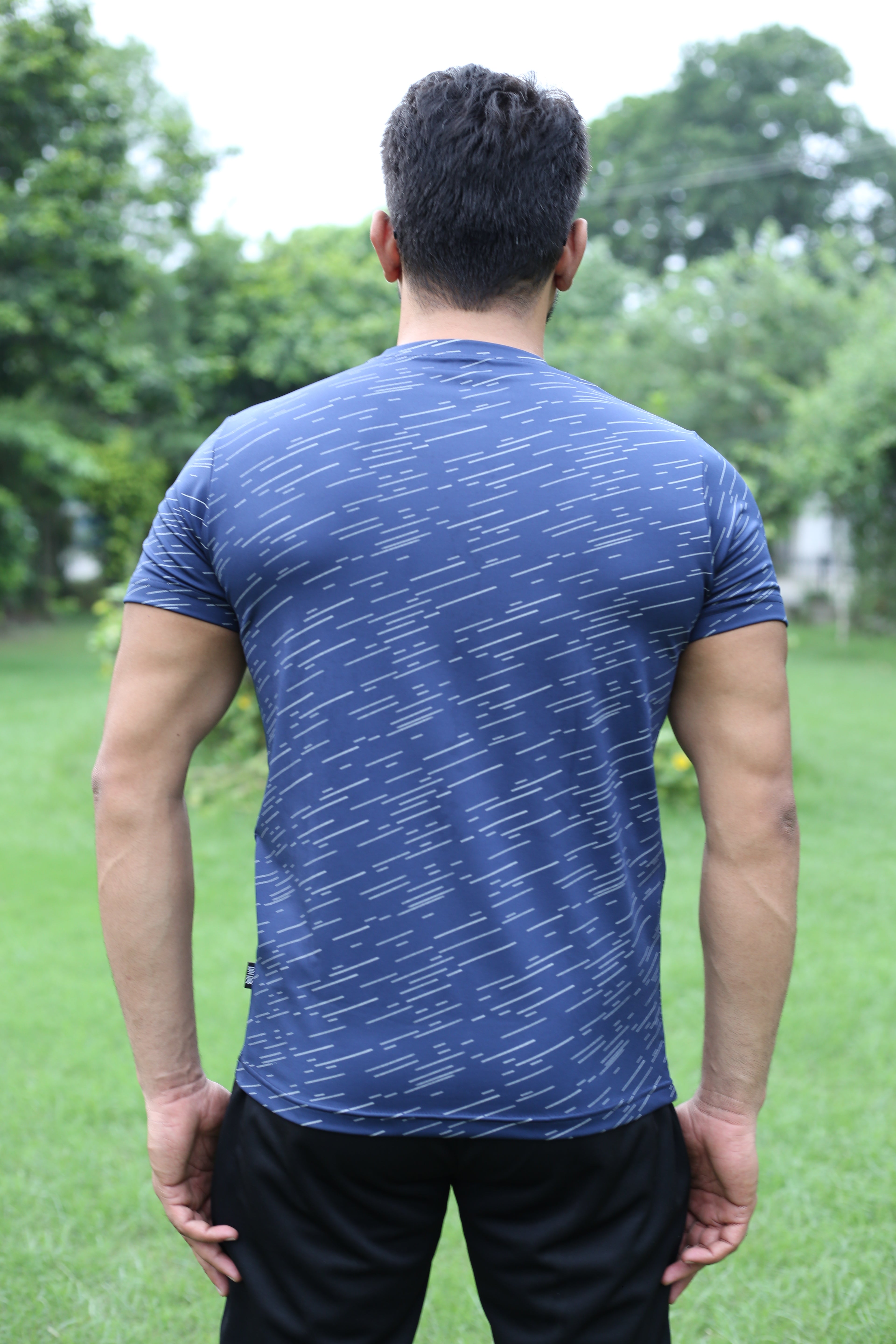 Men’s Navy Blue Performance T-Shirt – Sleek Striped Print-Reflectable