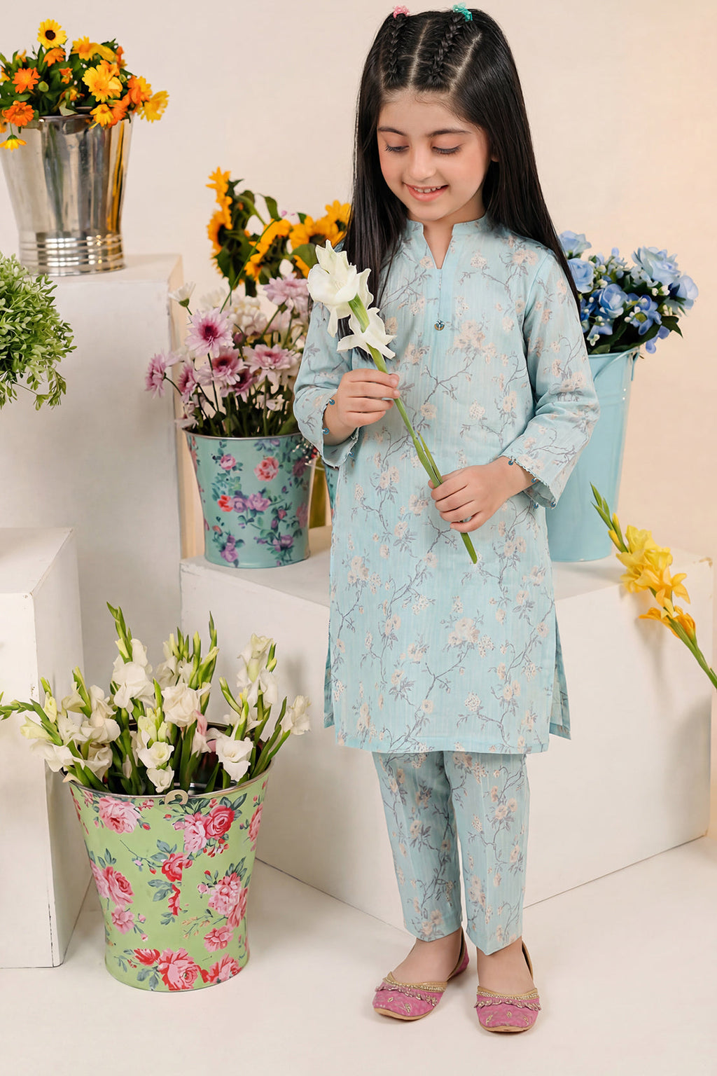 Printed Self Lawn Stitched 2 Piece (Shirt/Trouser) For Kids