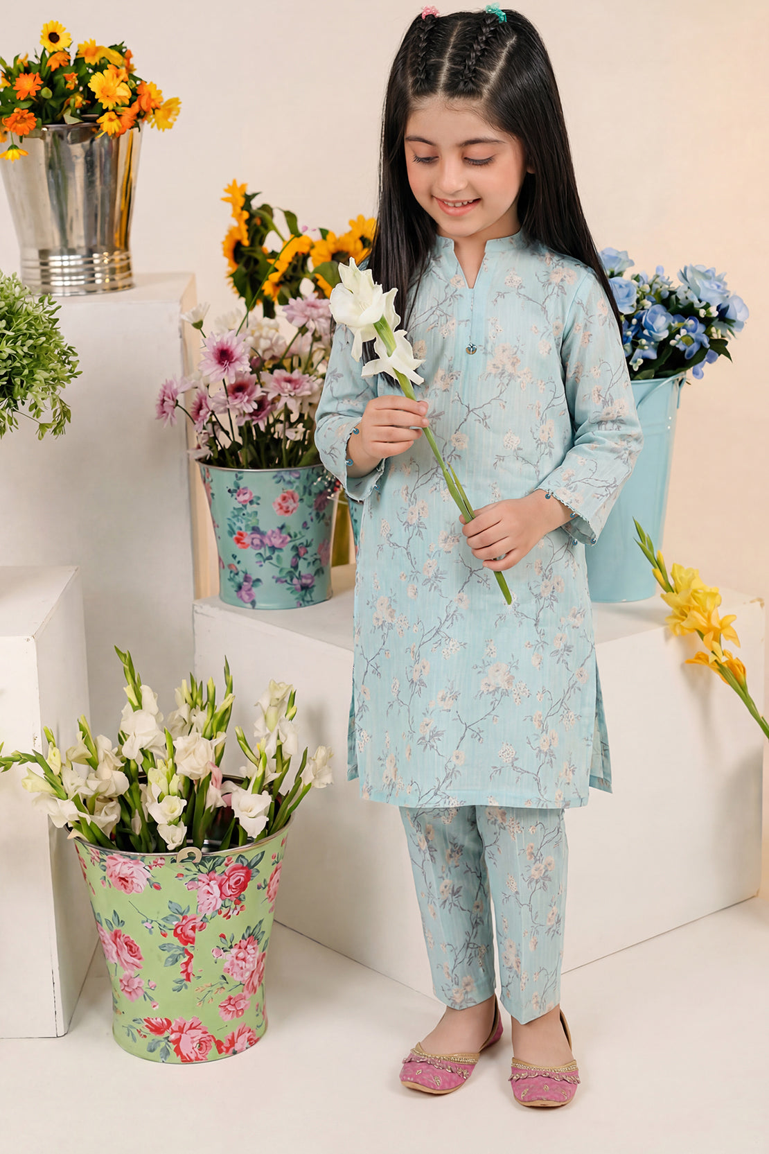 Printed Self Lawn Stitched 2 Piece (Shirt/Trouser) For Kids