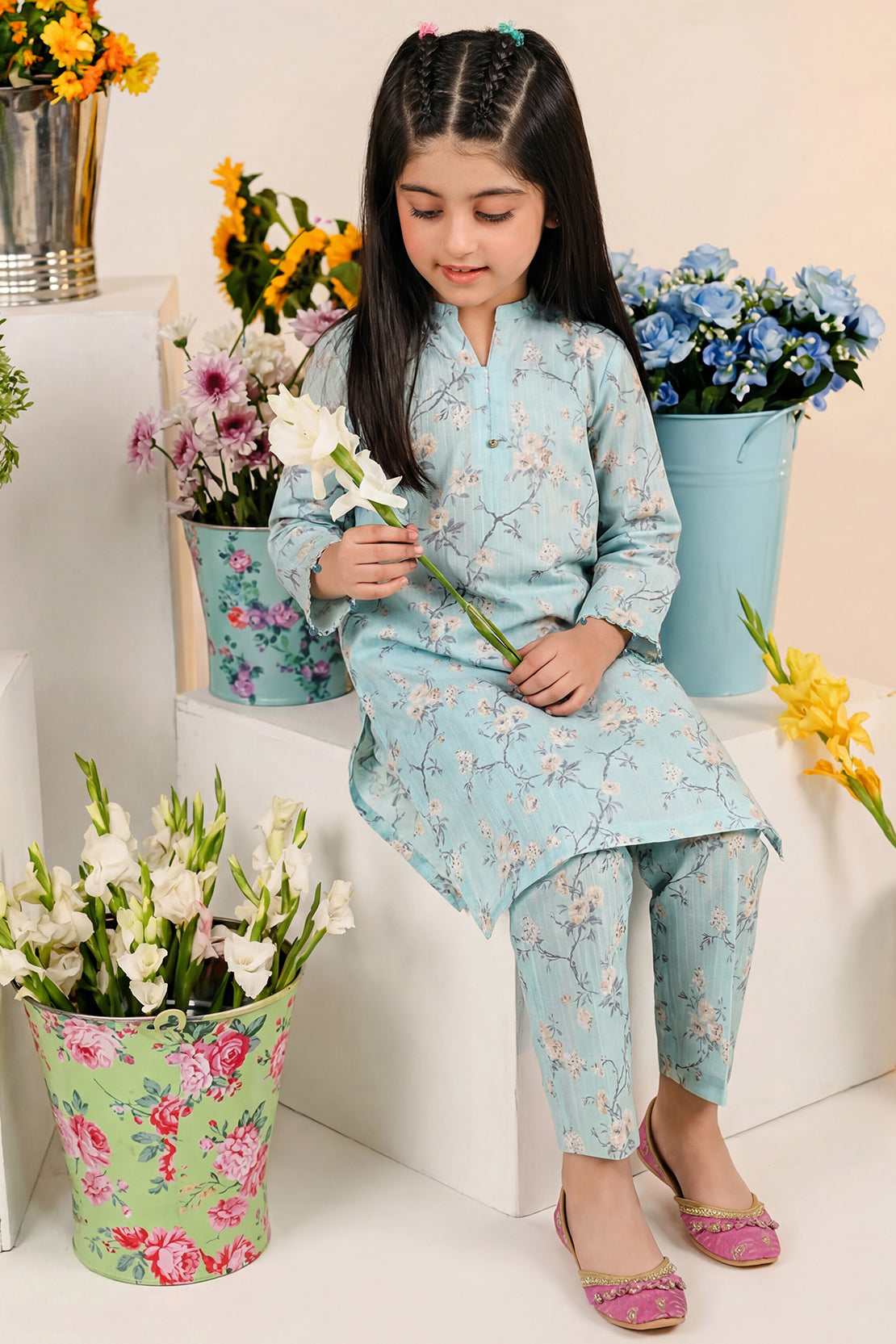 Printed Self Lawn Stitched 2 Piece (Shirt/Trouser) For Kids