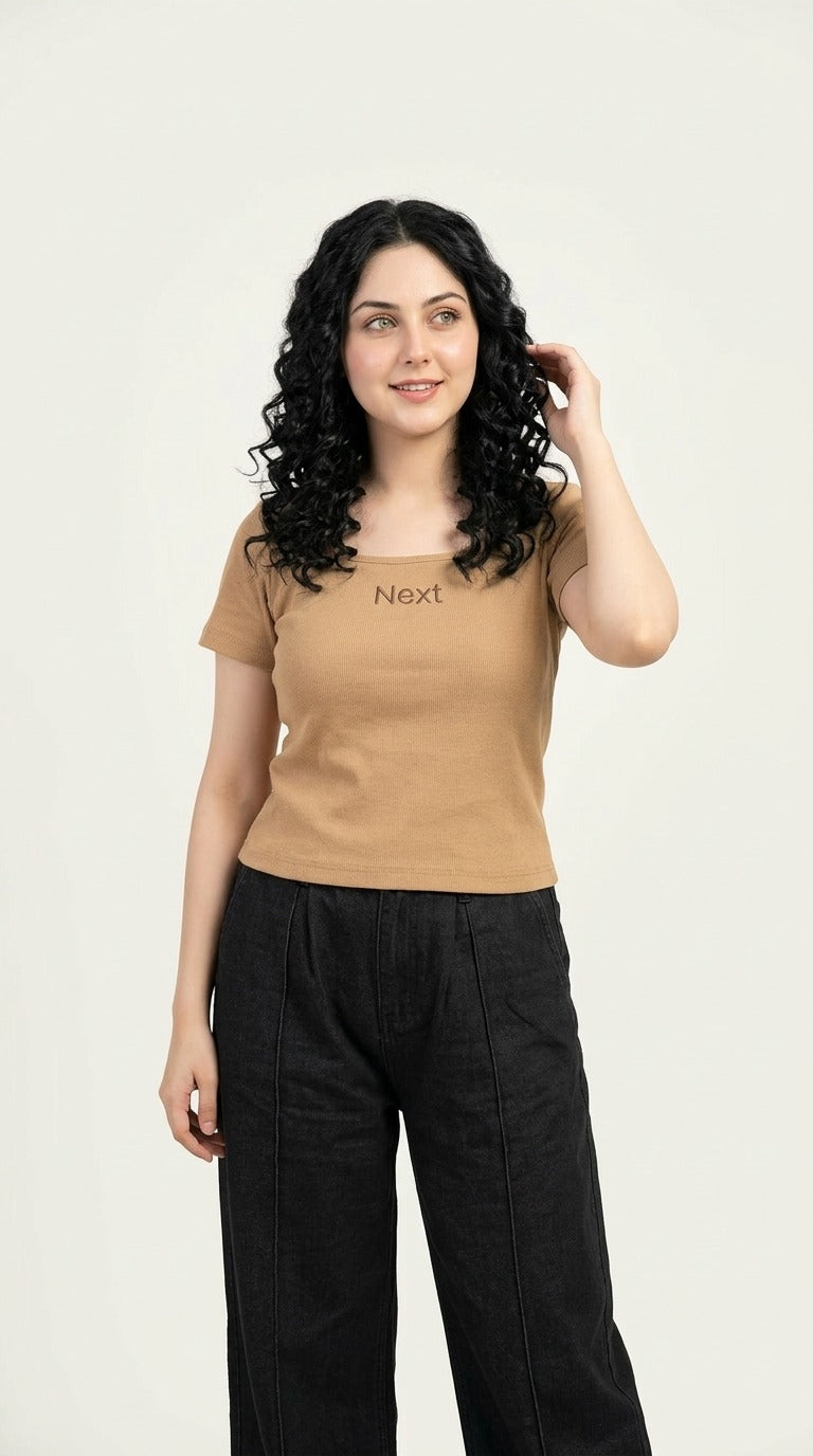 Short Sleeve Dark Olive Khaki Regular Square Neck Next Generation Print T-Shirt / Charcoal Black Denim Stretch Wide Leg Trouser