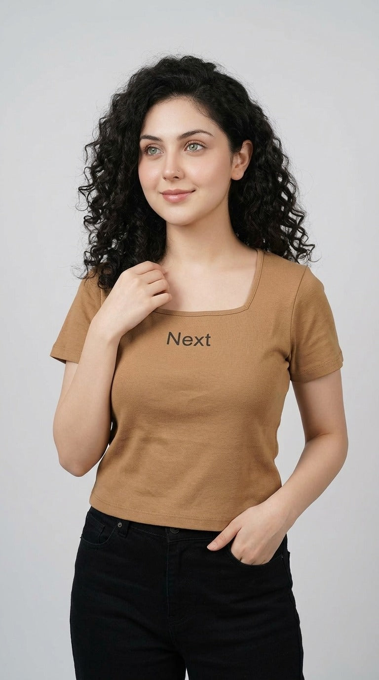 Short Sleeve Dark Olive Khaki Regular Square Neck Next Generation Print T-Shirt / Charcoal Black Denim Stretch Wide Leg Trouser