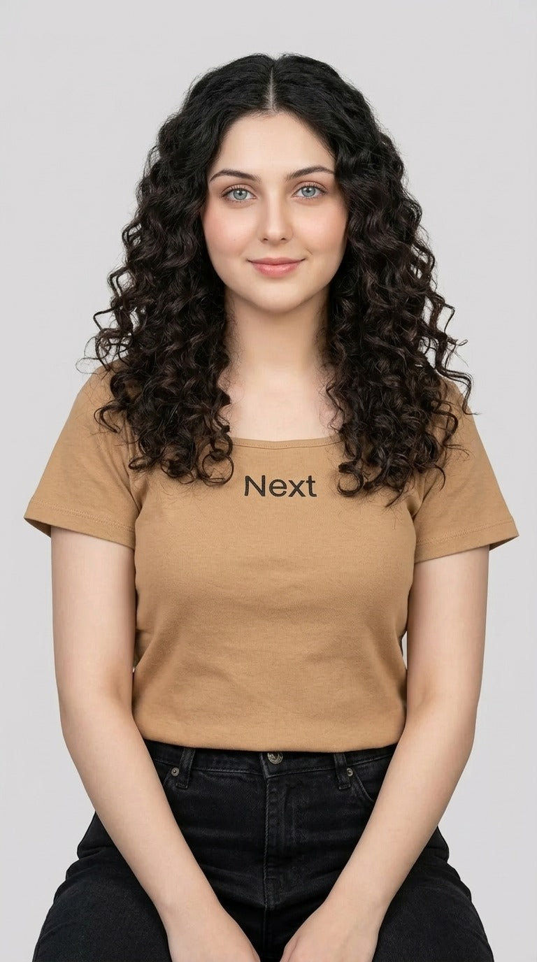 Short Sleeve Dark Olive Khaki Regular Square Neck Next Generation Print T-Shirt / Charcoal Black Denim Stretch Wide Leg Trouser