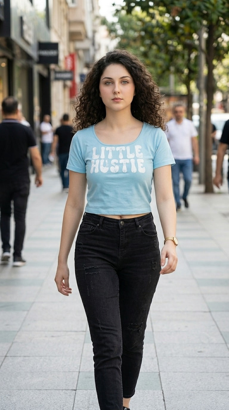 Short Sleeve Sea Blue Bestie Little Print T-Shirt / Off-white Knitted Off White Stretch Wide leg Trouser
