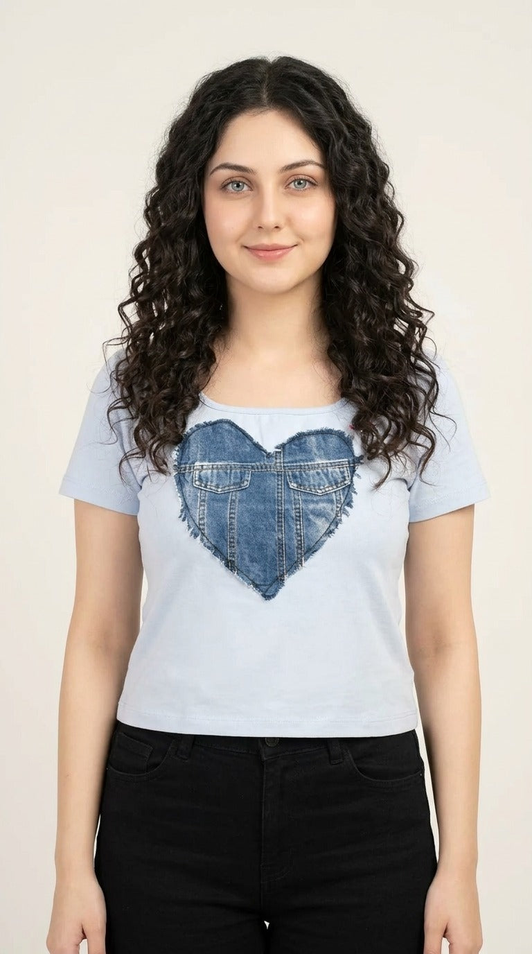 Short Sleeve Sky Blue Chested Denim Pocket Print T-Shirt / Charcoal Denim Stretch Wide Leg Trouser