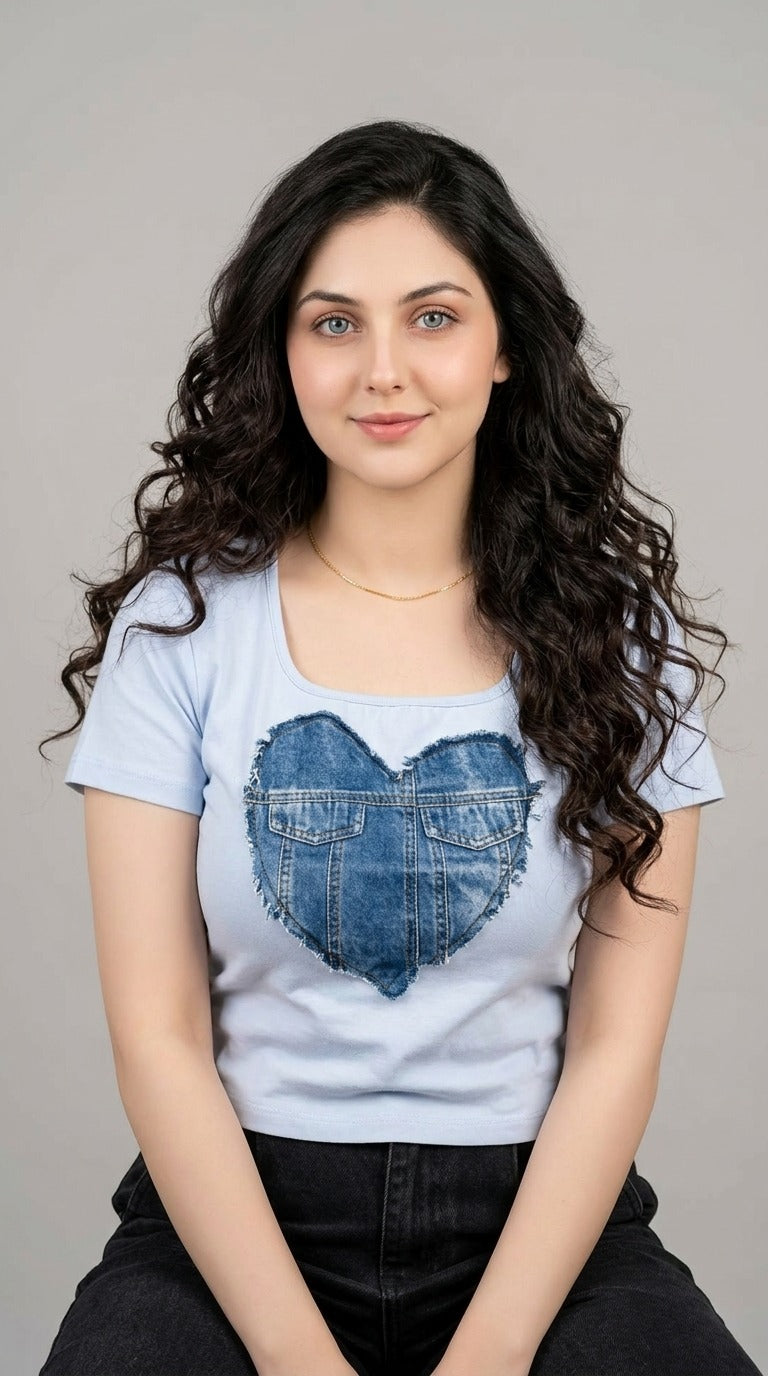 Short Sleeve Sky Blue Chested Denim Pocket Print T-Shirt / Charcoal Denim Stretch Wide Leg Trouser