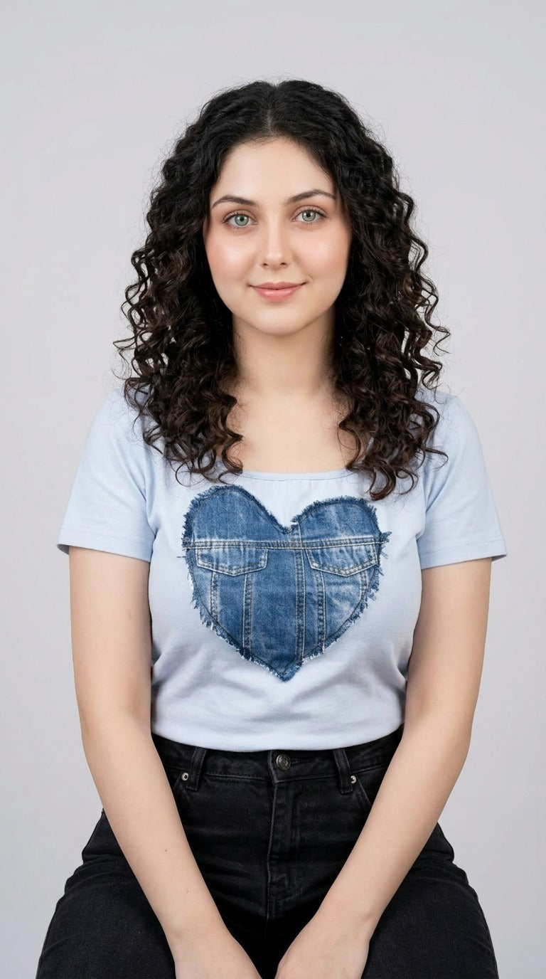 Short Sleeve Sky Blue Chested Denim Pocket Print T-Shirt / Charcoal Denim Stretch Wide Leg Trouser